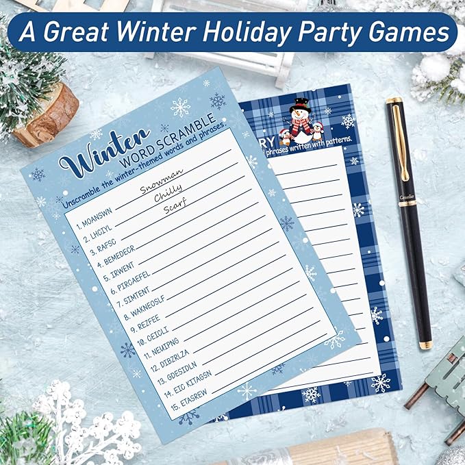 COCHIE 30 Players Winter Holiday Christmas Party Games for Adults Family Office Large Groups, Words Pictionary Game, Guesstures Game, Word Scramble Games with Answer Key (Winter Pattern)