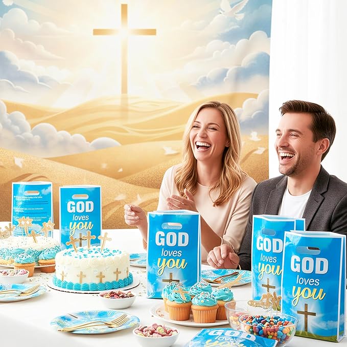 God Loves You Party Favor Bags - 50Pcs Christian Cross Bible Verse Goody Candy Treat Bags for Baptism Party Decorations for Christian Religious Church Sunday School First Communion Events