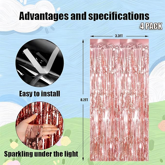 Valentines Day 4 Pack 3.3 * 8.3 ft Foil Curtain Metallic Tinsel Fringe Curtains Photo Booth Props Backdrop for Birthday Wedding Engagement Baby Shower Christmas Holiday Celebration Partyl,Rose Gold