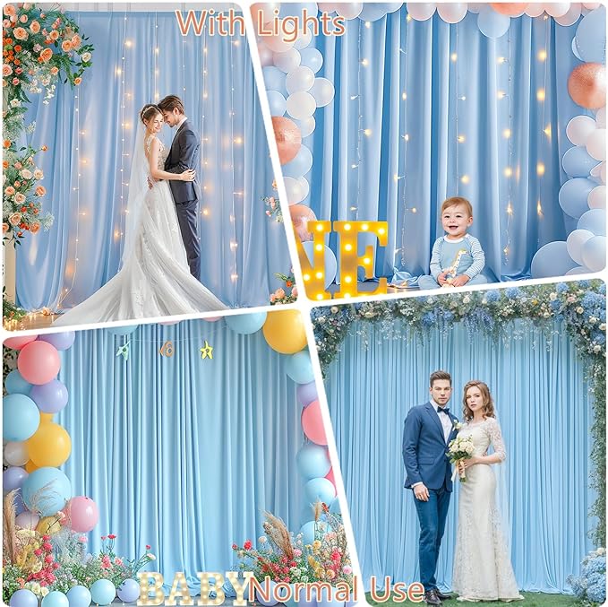10 x 10ft Baby Blue Polyester Backdrop Curtains with Lights String for Baby Shower, Wedding, Anniversary & More - 2 Pack (5 x 10ft Each) with 9.8ft USB Powered Curtain Lights & 12 Clips