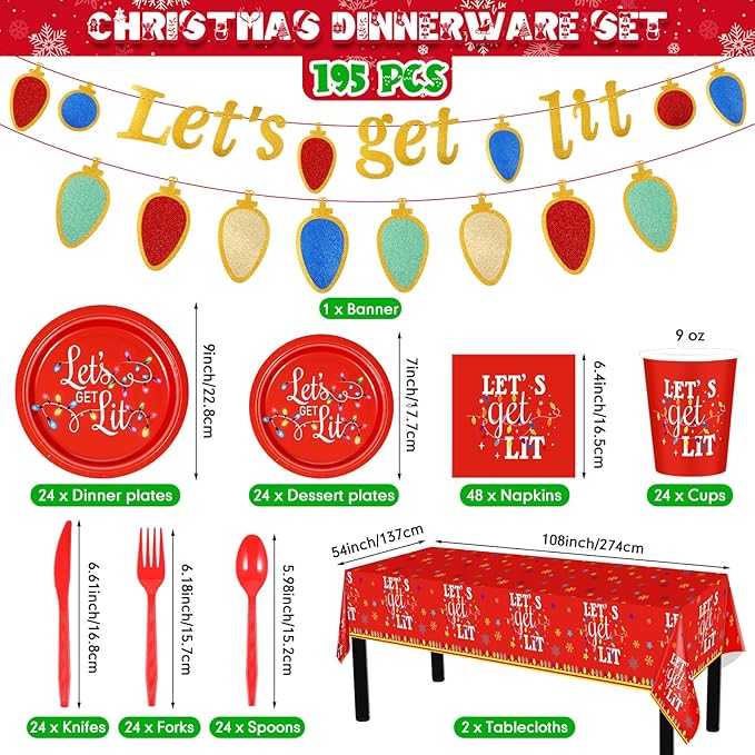 Baderke 195 Pcs Christmas Party Supplies Let's Get Lit Disposable Tableware Set Red Christmas Plates Tablecloth Banner Napkins Cups Forks Knife Spoon Friendsmas Xmas Holiday Decorations for 24 Guests