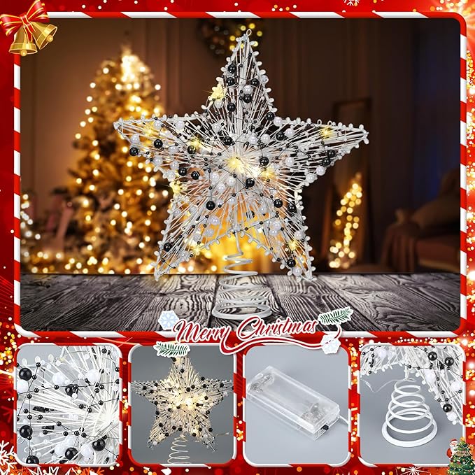Black and White Christmas Tree Topper 8.3" Star Tree Topper Lighted Christmas Decor 3D Star Treetop LED Battery Light Spooky Xmas Ornament for Holiday Party Nightmare Indoor Outdoor Home Decor