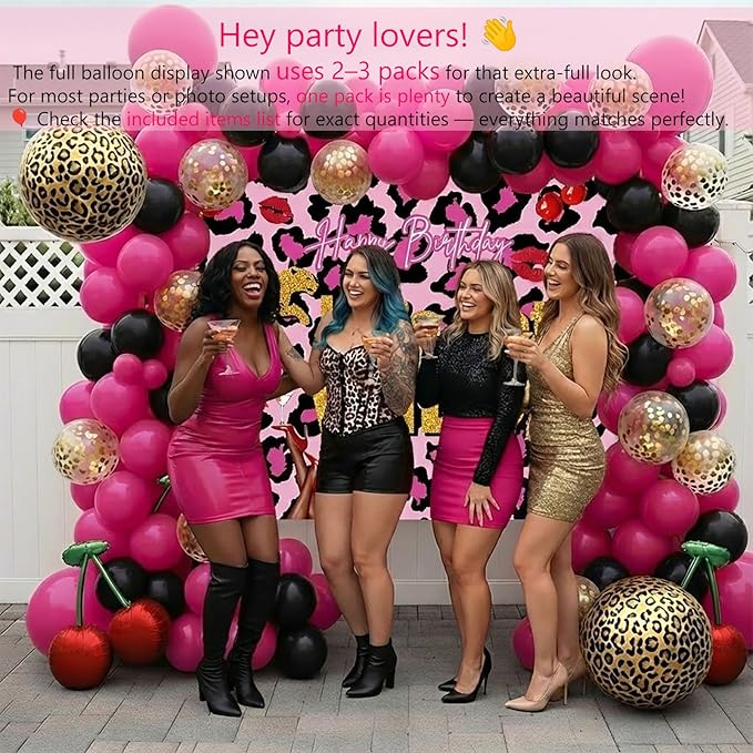 Hot Pink and Black Balloons Arch Kit Cherry Birthday Decorations with Background cloth Foil Cheetah Print lips Cheetah Balloons for Baby Shower Bachelorette Party Decorations