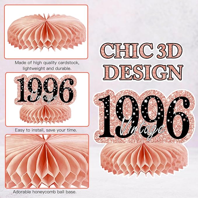 9Pcs 30th Birthday Decorations Honeycomb Centerpieces for Women, Rose Gold Pink Happy 30th Birthday Centerpieces Tables Toppers Party Decorations Supplies, Vintage 1996 Aged Table Sign Decor