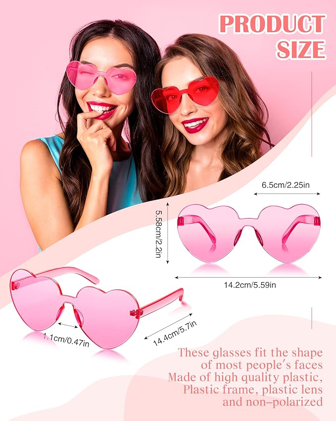 Photect 12 Pair Heart Shaped Sunglasses Neon Color Transparent Heart Glasses for Women Party Favor