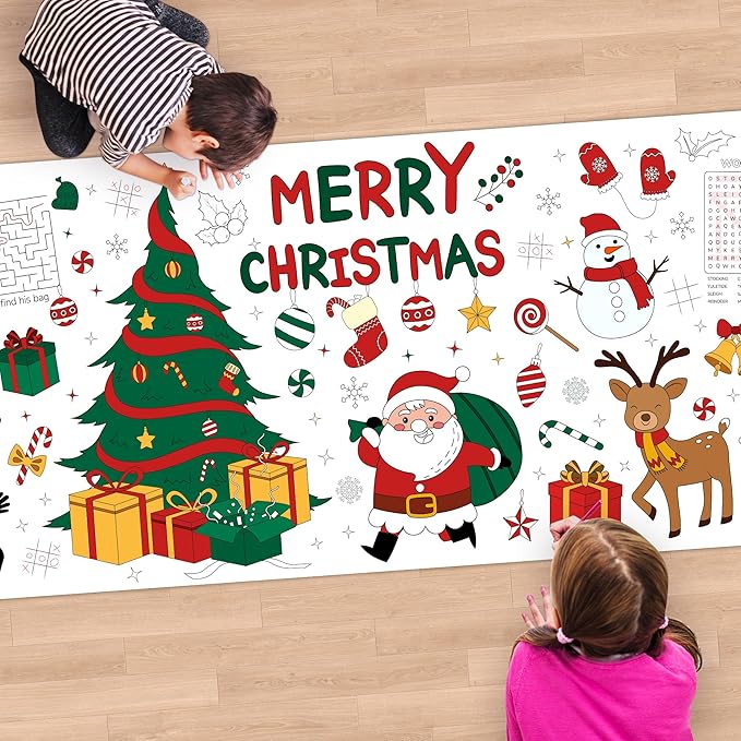 Childom 1 Pack Christmas Coloring Tablecloth for Kids,Christmas Crafts for Kids,30 x 72 Inch Disposable Paper Table Cover,Giant Coloring Poster for Children Gifts Games Activities Holiday Party Favors