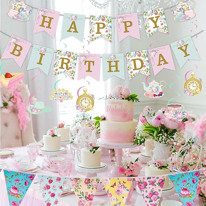 Tea Party Decorations Birthday Banner - Floral Decor Happy Birthday Banners Bunting Teapot Hanging Swirl, Flower Wonderland Theme Decoration for Women Girls Baby Shower Party Supplies