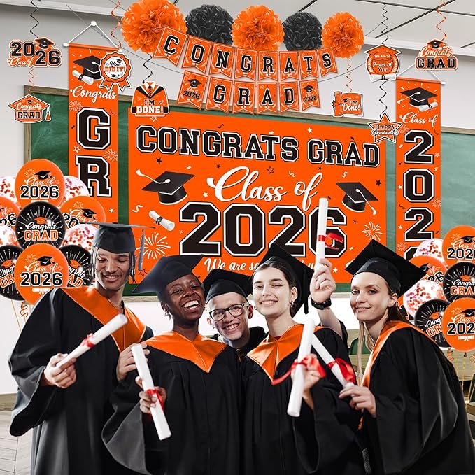 Graduation Decorations 2026 Orange Party Decor Set with Congrats Grad Banner, Class of 2026 Backdrop, Balloons, Box & Streamers Supplies for High School & College Celebrations