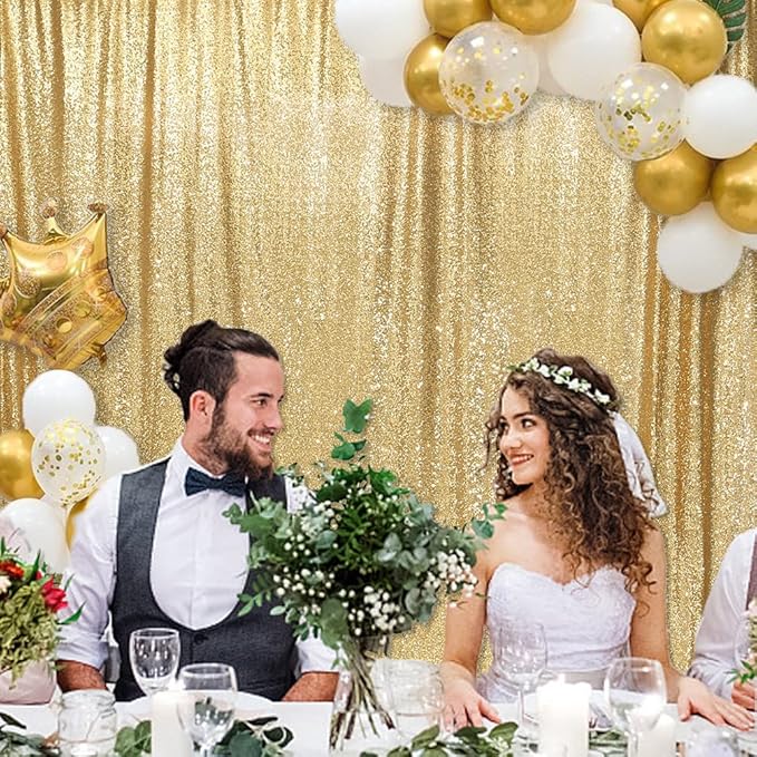 PartyDelight Gold Sequin Backdrop 8x8ft - High-Density 3mm Shimmer Sequin Background Sparkly Photography Curtain for Wedding, Gala, Professional Studio & Large Event Decor