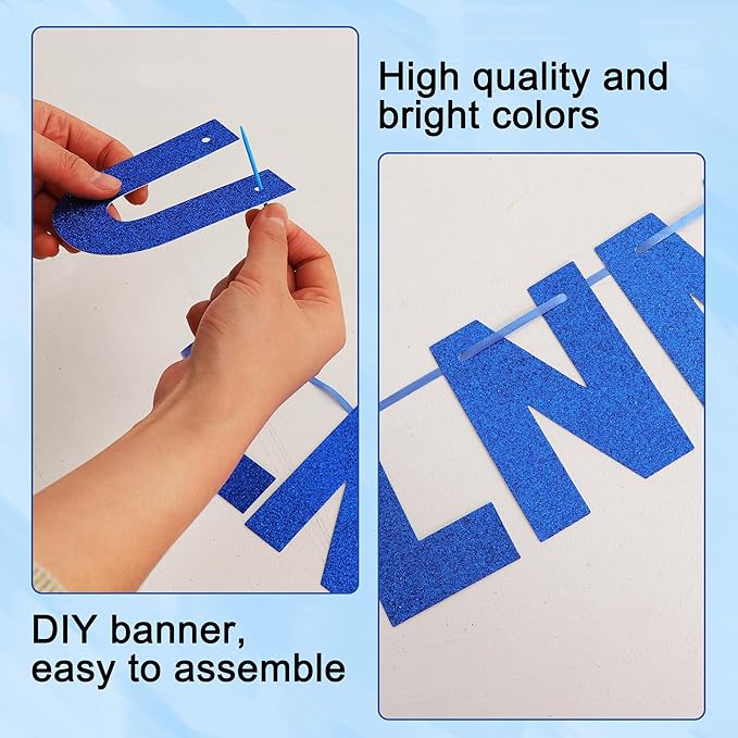 BEISHIDA 116 PCS A-Z DIY Letter Banner Kit Make Your Own Banner Glitter Blue Including 111 Letters and Numbers 3 Rope and 2 Threading Device,Customized for Birthday Graduation Wedding Party Decor