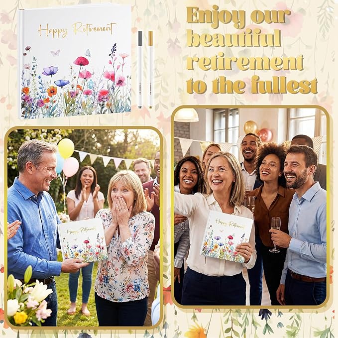 2026 Retirement Guest Book with 2 Markers 8.7'' Square Hardcover Blank Guest Photo Signing Memory Book Happy Retirement Gift Party Supplies for Women Men Teacher Grad Decor (White,Floral)