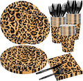 144PCS Leopard Print Party Supplies Cheetah Print Party Tableware Set Paper Plates Napkins Cups Cutlery for Birthday Shower Baby Shower Jungle Safari Theme Party Decorations Serve 24