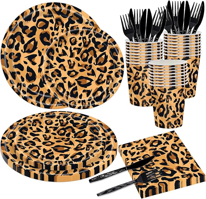 144PCS Leopard Print Party Supplies Cheetah Print Party Tableware Set Paper Plates Napkins Cups Cutlery for Birthday Shower Baby Shower Jungle Safari Theme Party Decorations Serve 24