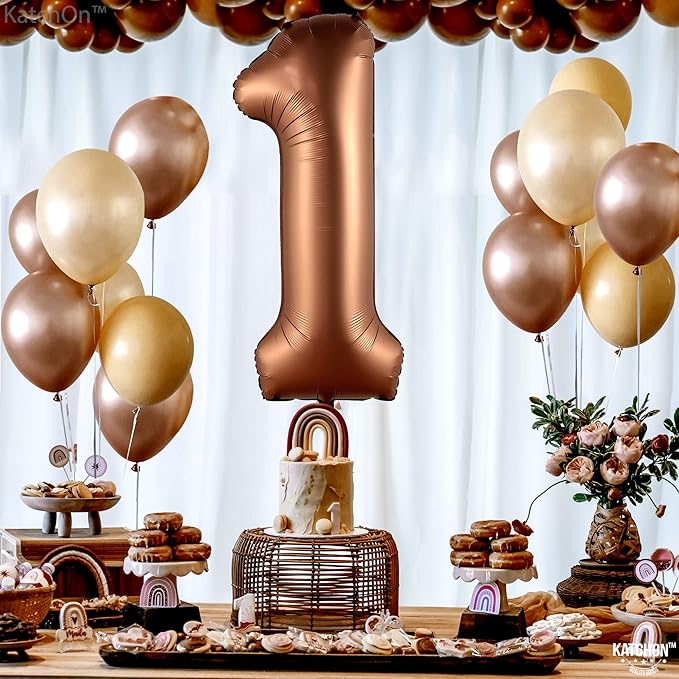 KatchOn, Brown 1 Balloon Number - 40 Inch, Helium Supported | Foil Brown One Balloon for Safari brown Birthday Decorations | One Happy Camper Balloons | Anniversary Decorations