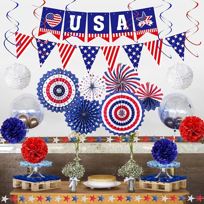 4th of July Patriotic Party Decorations, 6 Paper Fan, 6 Flower Ball, 1 USA Swallowtail Flag, 1 USA Pennant Flag, 1 Star Streamer, 6 Swirl, Independence Day, Memorial Day, Veterans Day Decor Supplies