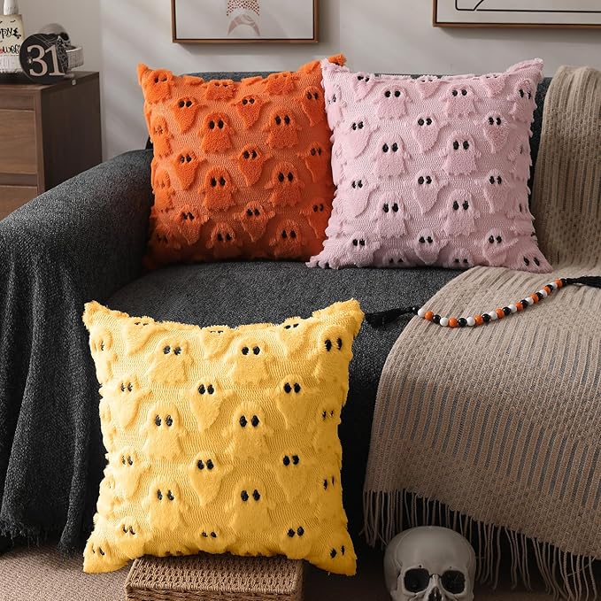 DFXSZ Halloween Pillow Covers 20x20 inch Set of 2 Yellow Ghost Throw Pillow Cases Soft Plush Faux Fur Wool Couch Cushion Case for Chair Sofa Bedroom Living Room Home Decor PTK03H20