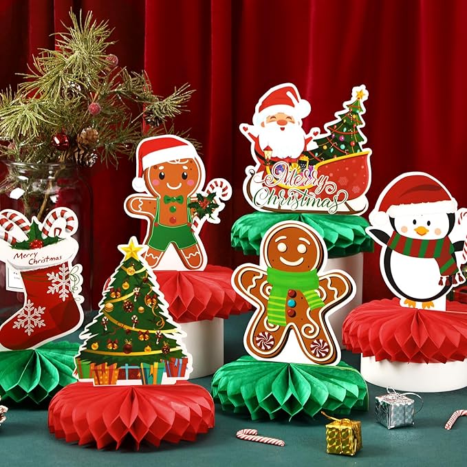 10 Pieces Christmas Honeycomb Centerpiece, Gingerbread Man Snowman Santa Honeycomb Centerpieces Christmas Party Birthday Home Table Toppers Double Sided Decorations
