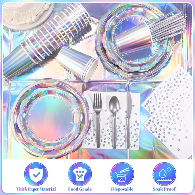 200 Pcs Iridescent Party Supplies Decorations, 25 Guest Scalloped Iridescent Graudation Plates and Napkins Bachelorette Decorations Holographic Tableware for Birthda Bridal Wedding Disco