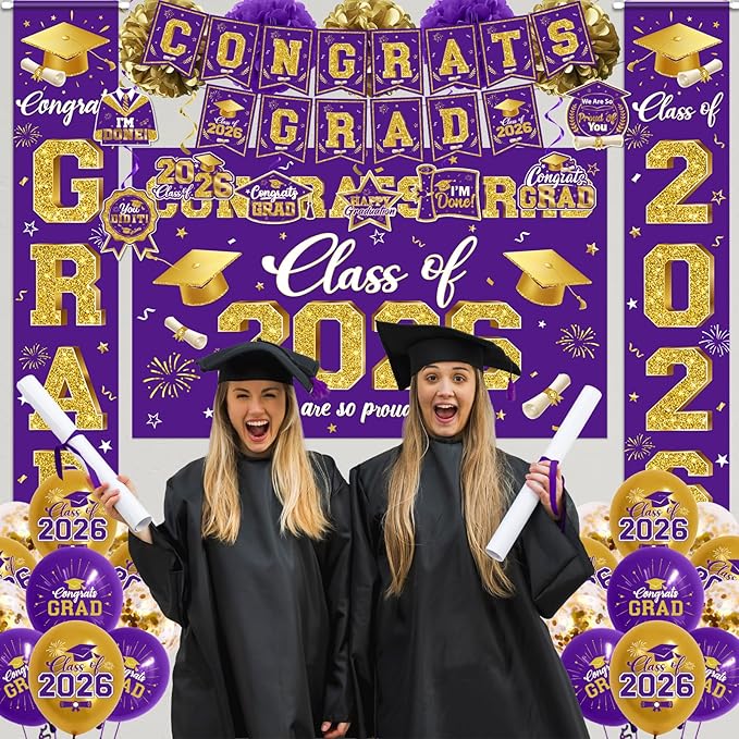 2026 Graduation Decorations - Purple Congrats Grad Party Supplies include Card Box, Backdrop, Banner and Balloons for Class of 2026 Decorations Set