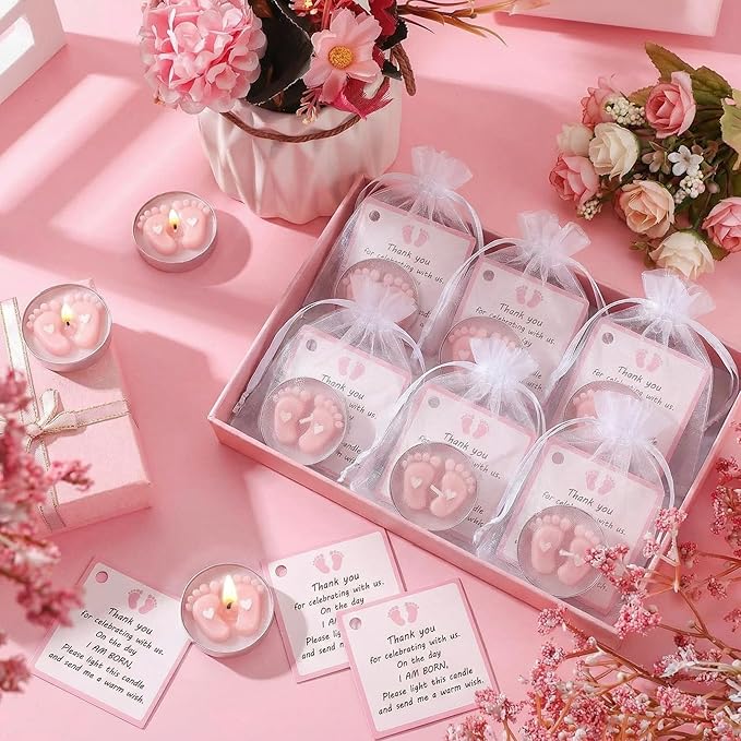 Treela 20 Sets Baby Shower Party Favors Pink Tea Lights Candles with Organza Bag for Guests Cute Feet Shaped Burning Thank You Tags Return Gifts Keepsakes for Baby Shower Gender Reveal Party