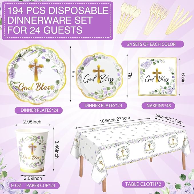 Pickmesh 194 Pcs God Bless Baptism Party Decoration Girl for 24, Purple Flroal Baptism Paper Plate Napkin Cup Tablecloth Cutlery First Holy Communion Tableware for Christening Baby Shower Supplies