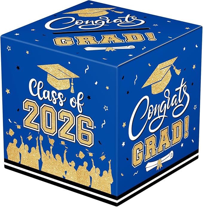 Graduation Card Box 2026 - Congrats Grad Card Boxes Holder, Blue and Gold Class of 2026 Graduation Gift Cards Box for Graduation Party Decorations 2026 Favors Decor Supplies Props,9x 9 x 9 inches