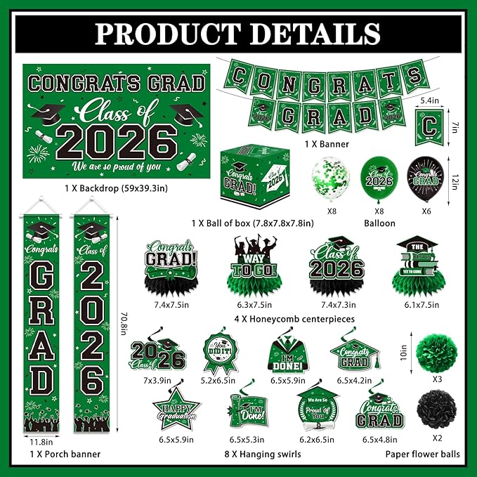 Graduation Decorations 2026 Green Party Decor Set with Congrats Grad Banner, Class of 2026 Backdrop, Balloons, Box & Streamers Supplies for High School & College Celebrations