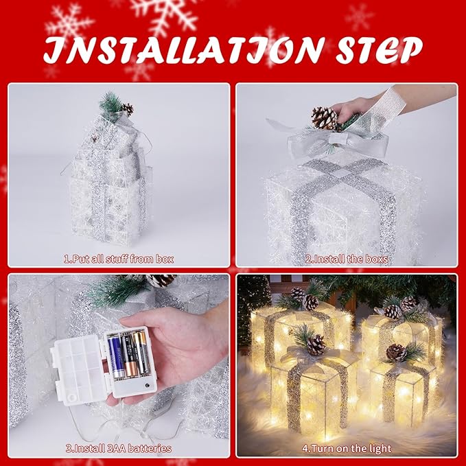 Set of 4 Christmas Lighted Gift Boxes, Pre-lit Light up Present Set with Different Sizes for Holiday Indoor Outdoor Decorations - Battery Operated(Warm White)