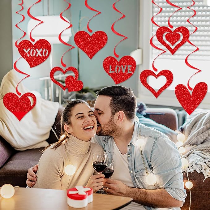Red Heart Swirls Party-Decorations - 16Pcs Romantic Special Night Galentines Hanging Streamers Garland,Valentines Girl Wedding Anniversary Baby Bridal Shower Birthday Decor Supplies Hugtmr