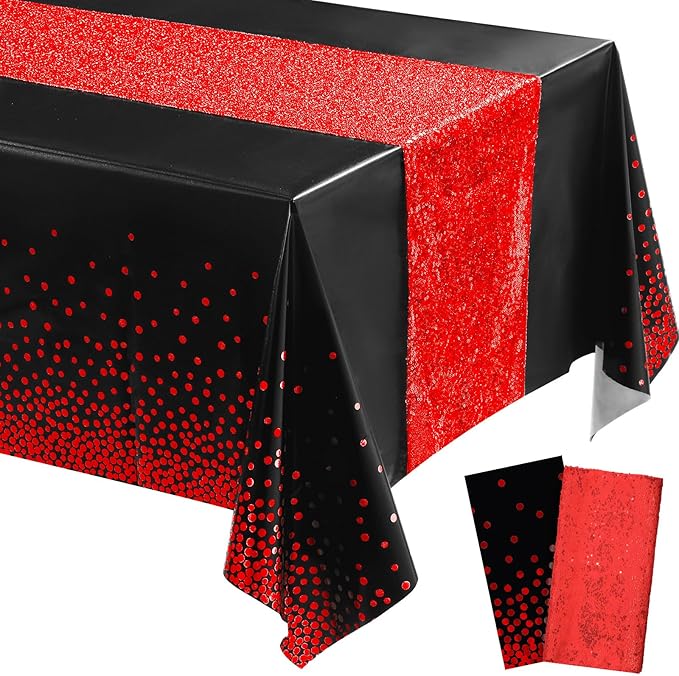 Irenare Tablecloth and Sequin Table Runner Set Polka Dots Confetti Table Cover Dining Plastic Tablecloths Glitter Decorations for Birthday Wedding Anniversary Party Supplies(Black, Red,2 Pcs)