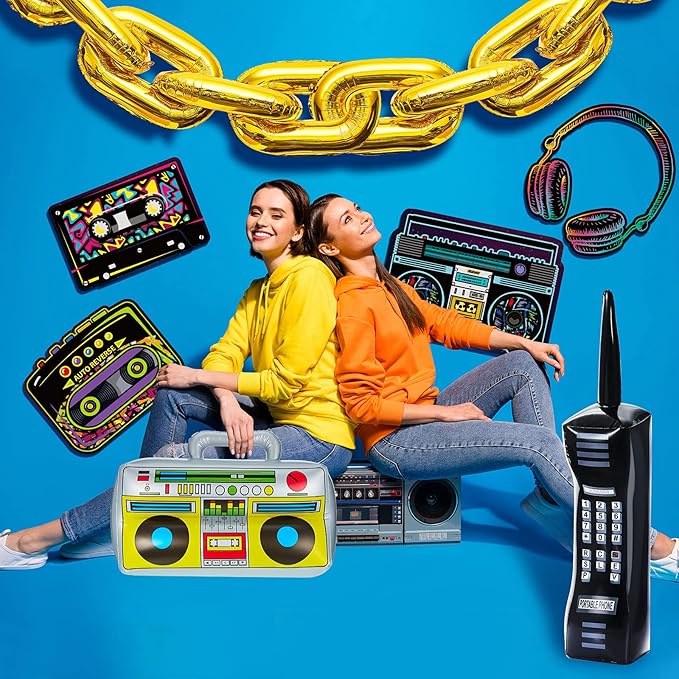 Zhanmai 26 Pieces 80s 90s Party Decorations Inflatable Boombox Radio Mobile Phone Gold Foil Chain Balloons 80s 90s Props Retro Cassette Headphones Player Cutouts for Hip Hop Party Supplies