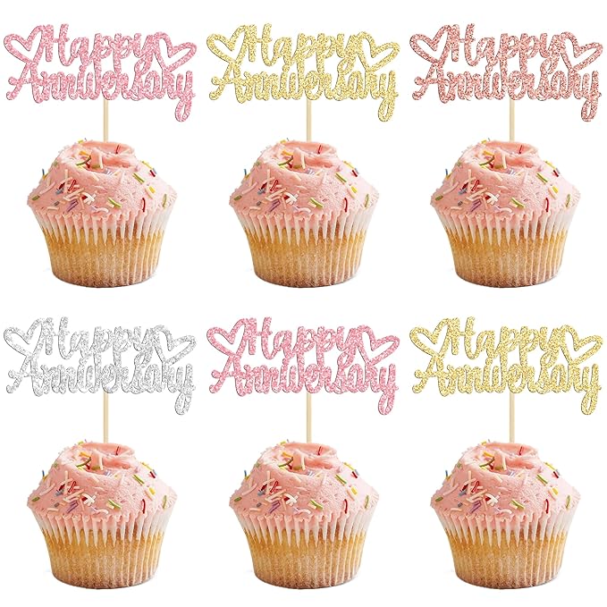 Gyufise 24Pcs Glitter Happy Anniversary Cupcake Toppers Anniversary Party Supplies Cake Decoration Wedding Anniversary Celebration Party Decoration Supplies Multi