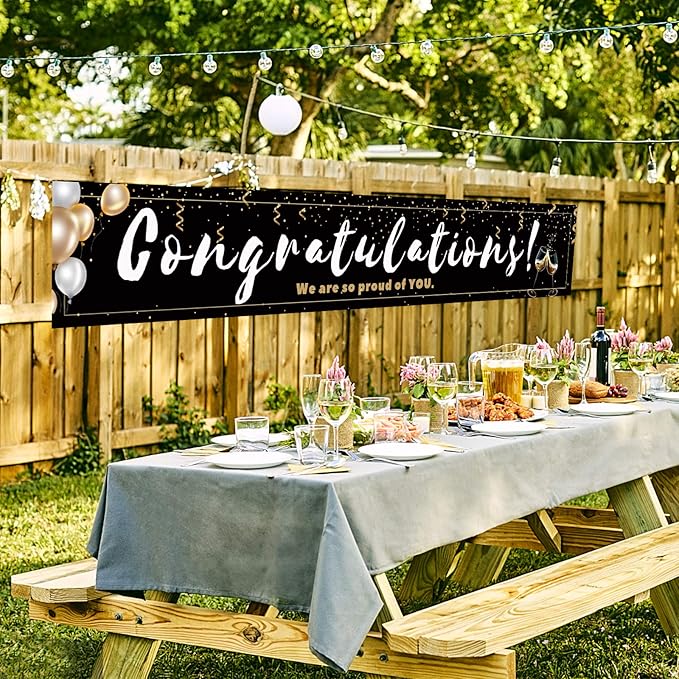Large Congratulations Decoration Banner, Black Graduation Congrats Banner Sign, Birthday Engagement Wedding Retirement Party Decorations Supplies(9.8x1.6ft)