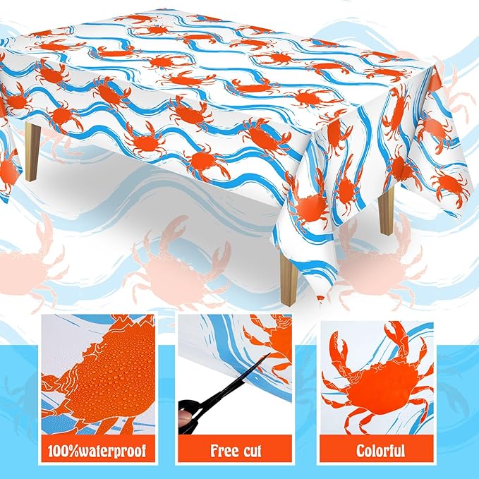 Juexica 4 Pcs 54 x 108 Inch Crab Boil Party Table Cloth Summer Seafood Party Supplies Plastic Crab Tablecover Decorations Rectangular for Sea Animals Dining Kitchen Centerpiece (Blue Waves Style)