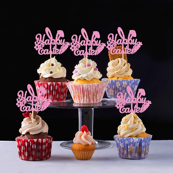 Ercadio 24Pcs Happy Easter Cupcake Toppers Glitter Pink Happy Easter Bunny Ears Cupcake Picks for Easter Day Theme Baby Shower Easter Birthday Party Cupcake Decorations