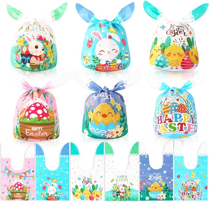Easter Treat Bags, Happy Easter Goodies Gift Bags, 100 Pcs Cute Bunny Plastic Candy Snack Goody Reusable Wrapping Bag for Gifts Giving Spring Holiday Easter Party Favor Decorations Supplies 6 Designs
