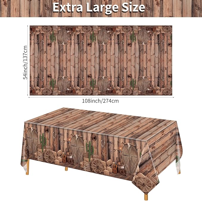 Western Party Tablecloths, 54 x 108 Inch Disposable Plastic Cowboy Table Cover for Rustic Farmhouse, West Wooden House, Western Theme Birthday Decorations Outdoor Indoor Party