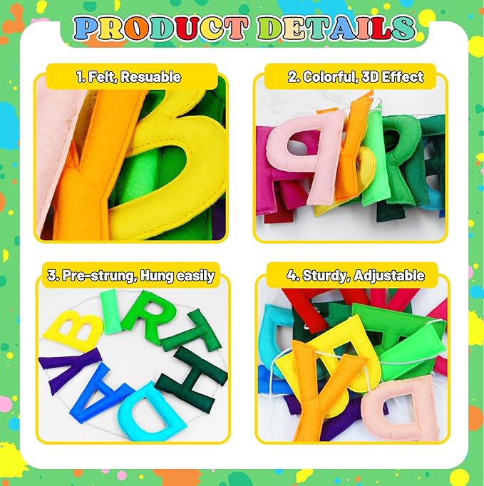 Happy Birthday Banner Decorations - Pre-Strung 3D Felt HAPPY BIRTHDAY Sign for Party Decor | Rainbow Reusable Happy Birthday Garland, Ball, Pennant Flag (1-Rainbow)