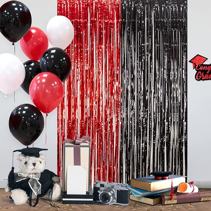 LOLStar Graduation Party Decoration, 4 Pack Red and Black 3.3x6.6 ft Foil Fringe Curtains, Tinsel Backdrop, Graduation Photo Booth Prop Streamer Backdrop for Class of 2026, Prom and Grad Party Decor