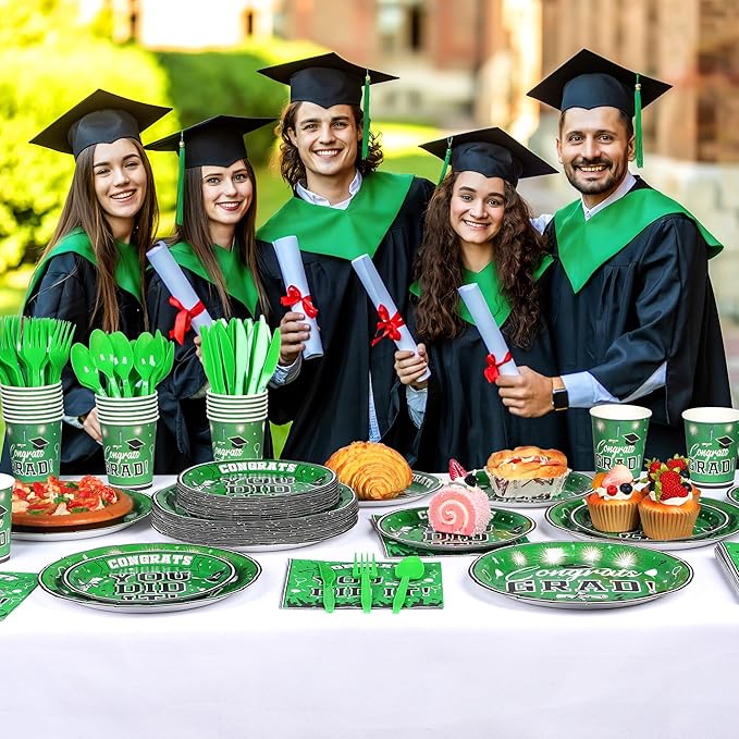 175PCS Graduation Plates and Napkins Set 2026 Graduation Party Supplies Tableware Set Include Paper Plate Napkin Cup Knife Fork Spoon for Grad Party Decor Serve25 (Green and Black)