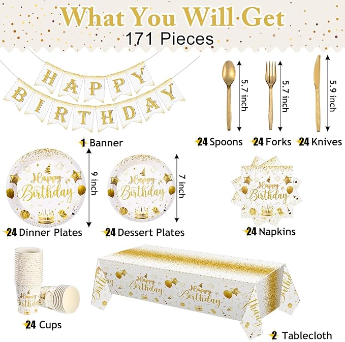 Vesici 171 Pcs Happy Birthday Party Supplies 24 Set Disposable Party Tableware include Plates Cups Napkins Cutlery and Banner Tablecloth Birthday Dinner Decorations for Men Woman(White, Gold)
