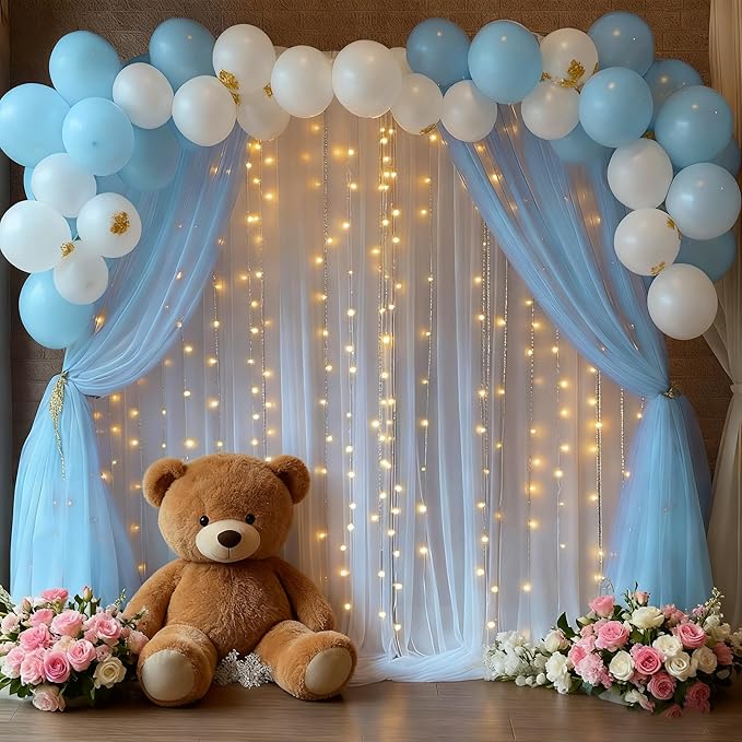 10x8ft Baby Blue Tulle Backdrop Curtain with Lights String for Parites, Sheer Photo Backdrop Curtains for Wedding Baby Shower Baby Boy Shower Birthday Party Photo Shoot Background Decorations