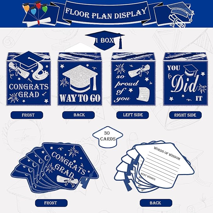 AYGXU graduation card box Holder 2026 with 30pcs graduation cards,Graduation party Decorations,graduation box for gifts and Cards,graduation money box,Graduation Party favors Supplies-Royal Blue box