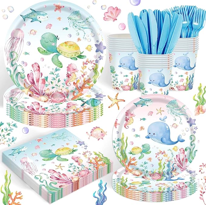 120PCS Under the Sea Party Supplies for Ocean Theme Baby Shower Birthday Party Underwater World Creatures Decorations Ocean Sea Animal Plate Cup Napkin Knives Forks for 20 Guests