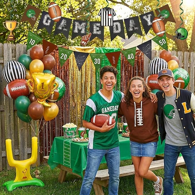 Football Balloons dark green brown Balloons with Banner Hanging Swirl Fringe Curtain Goal Post Football Balloons for Sports Birthday Boys first year touch down party decorations