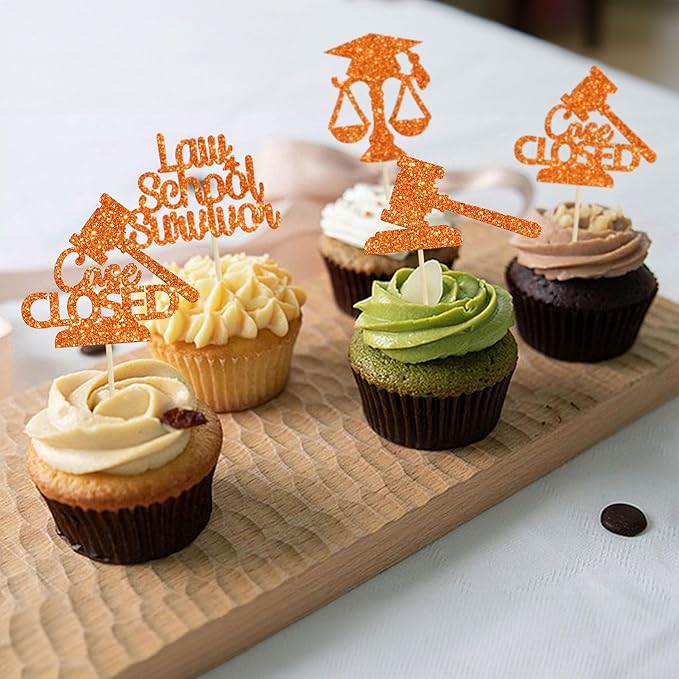 Gyufise 24Pcs Lawyer 2026 Graduation Cupcake Toppers Orange Glitter Class of 2026 Grad Cap Law School Survivor Cupcake Picks for 2026 Lawyer Graduation Party Cake Decorations Supplies