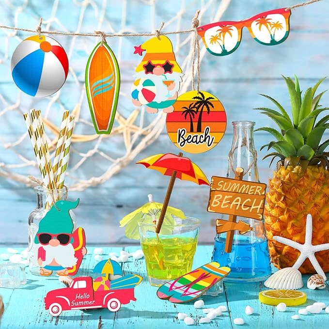Chunful 30 Pieces Summer Tree Ornaments Christmas in July Wood Hanging Decoration Beach Wooden Slices Winter Tree Ornaments with String for Luau Hawaiian Party Supplies (Beach Style)