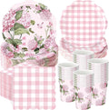 Pickmesh 250 Pcs Pink Hydrangea Party Supplies Pink Floral Gingham Checkered Paper Plates Napkins and Cups Hydrangea Disposable Tableware Set for Summer Wedding Birthday Tea Party Decorations Serve 50