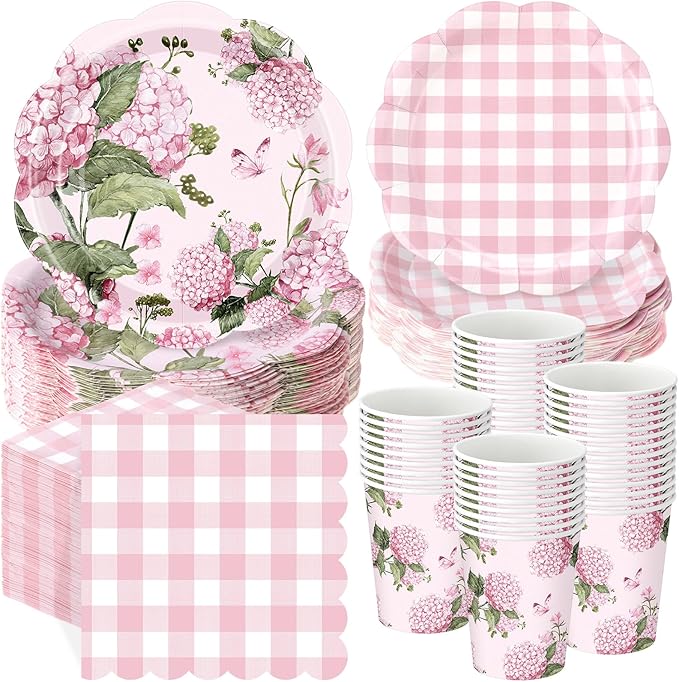 Pickmesh 250 Pcs Pink Hydrangea Party Supplies Pink Floral Gingham Checkered Paper Plates Napkins and Cups Hydrangea Disposable Tableware Set for Summer Wedding Birthday Tea Party Decorations Serve 50