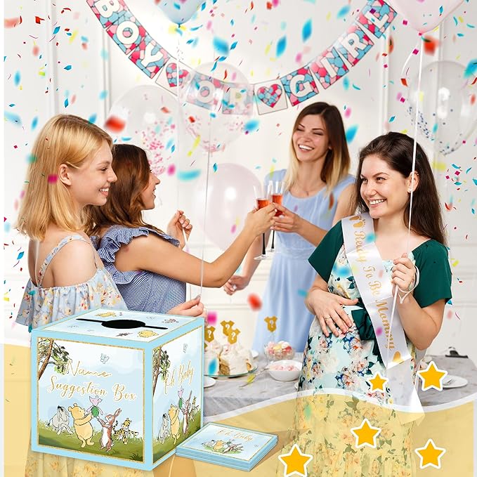 Winnie Baby Shower Decorations-The Pooh Baby Shower Games-Winnie Party Decorations-Baby Name Suggestion Cards with Box Name Suggestion Cards,Blue